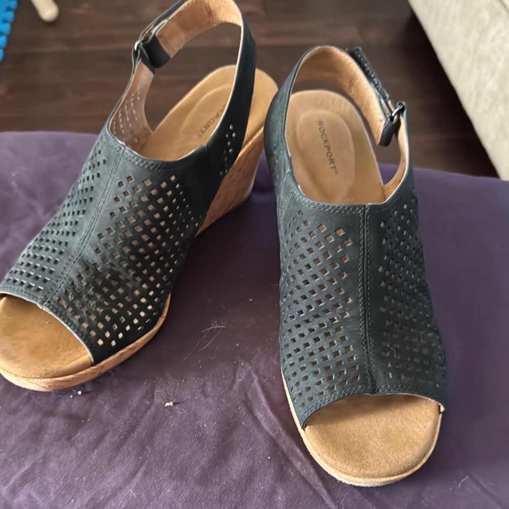 Rockport Black Wedge Shoes with Perforated Design